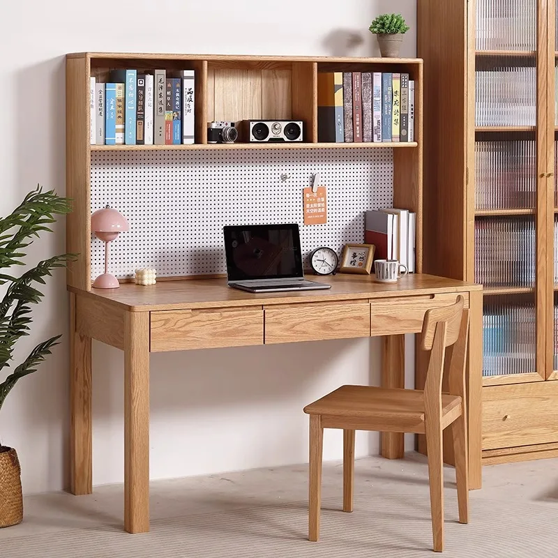 

All solid wood desk bookshelf integrated pure red oak simple writing desk Nordic study home office log table