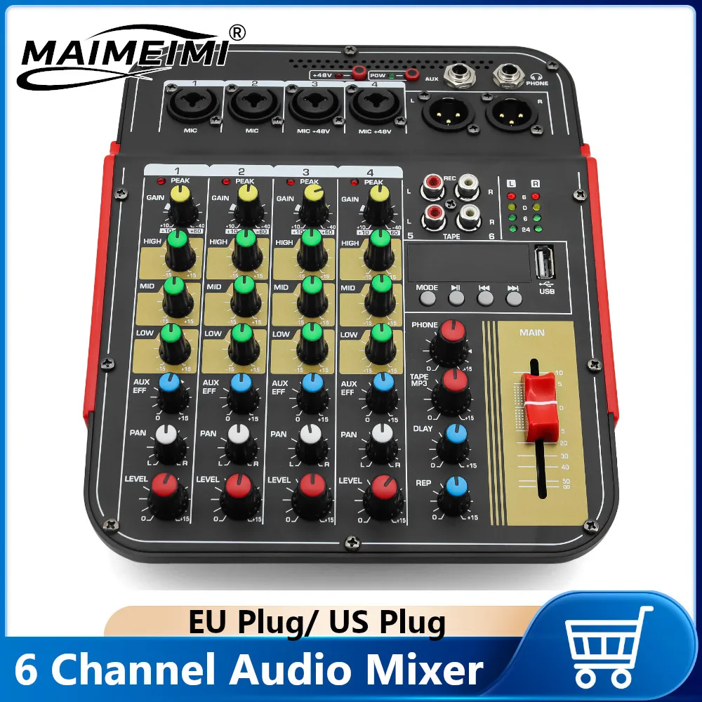 

6 Channel Audio Mixer USB Bluetooth-compatible Reverb Audio Live Sound Card DJ Consoler With 48V Phantom Sound Mixing Console