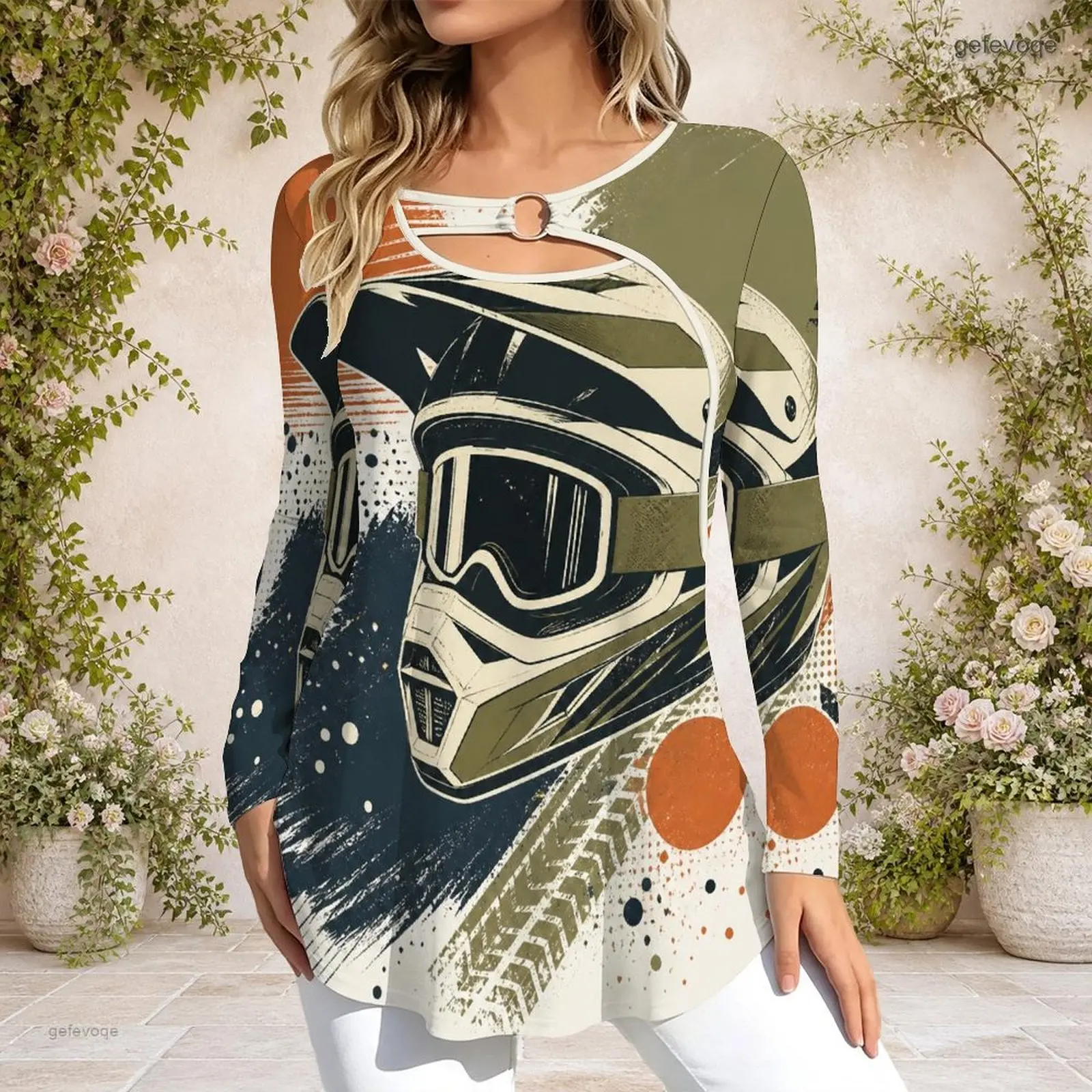 Women Keyhole Ring Neck Long Sleeve Flared Hem Printed Top