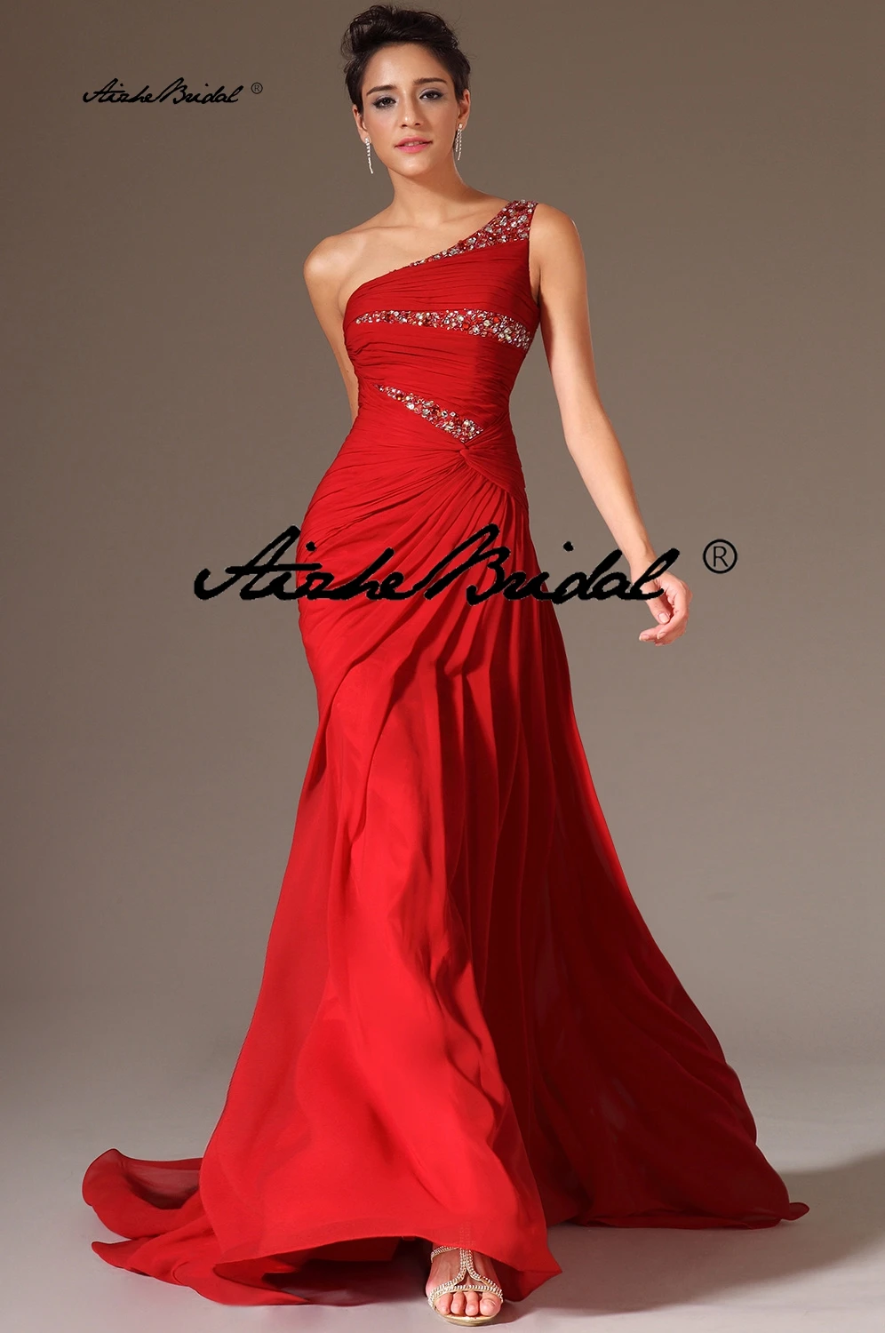 كتف واحد فستان المسابقة الأحمر مطرز فساتين السهرة الشيفون حورية البحر