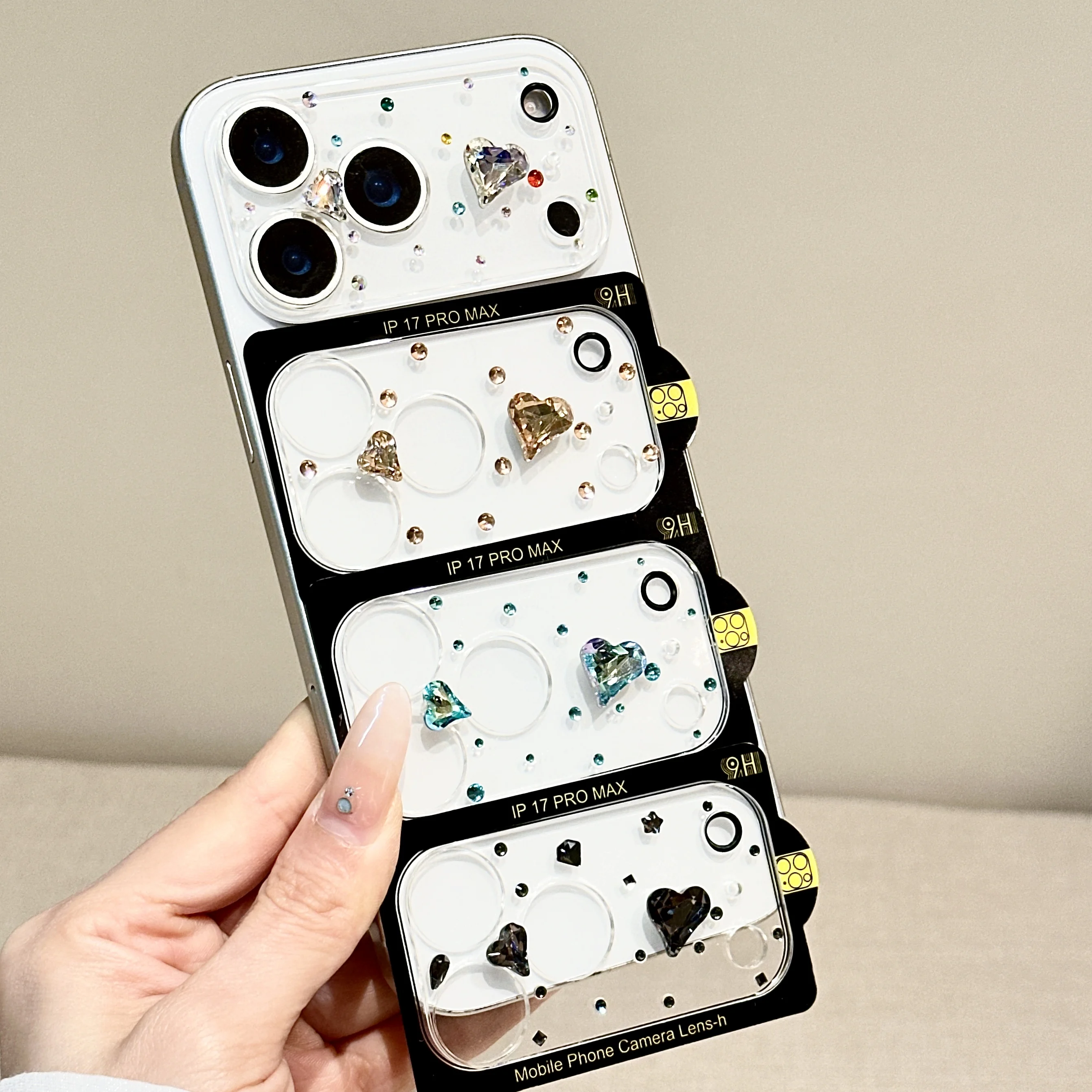 

Luxury Color Love Heart Bling Crystal Decoration Camera Lens Protector Cover for iPhone 17 Pro 17 Pro Max Phone Camera