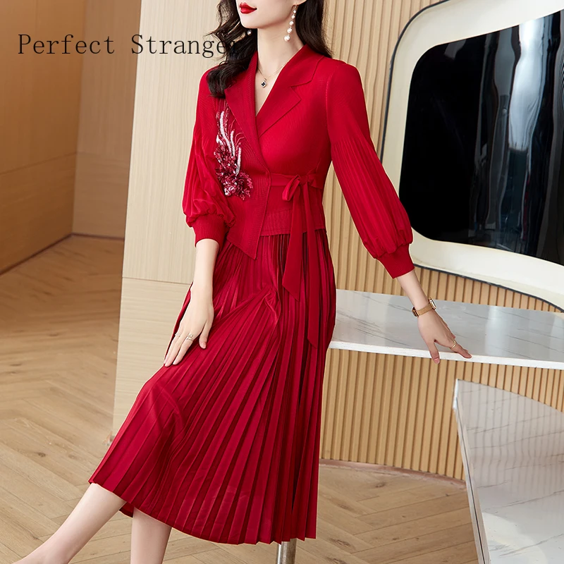 Sanzhai Pleated Dress 2024 Spring Summer New Suit Collar Bubble Sleeve  Slim  Elastic Waist Mesh Splice Magic Women Long Dress