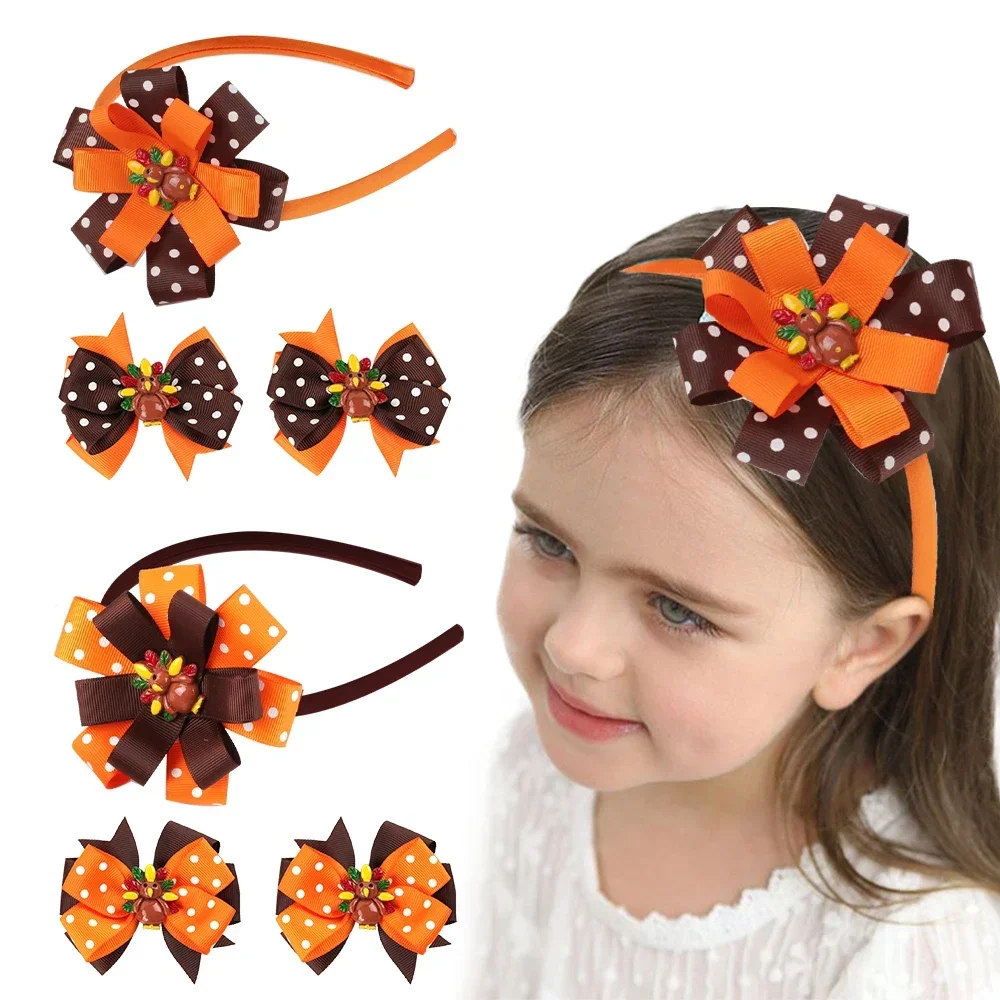 ncmama 3Pcs/set Thanksgiving Turkey Hairbands For Baby Girls Ribbon Hair Bow Clip Hairpin Kids Headwear Fashion Hair Accessories