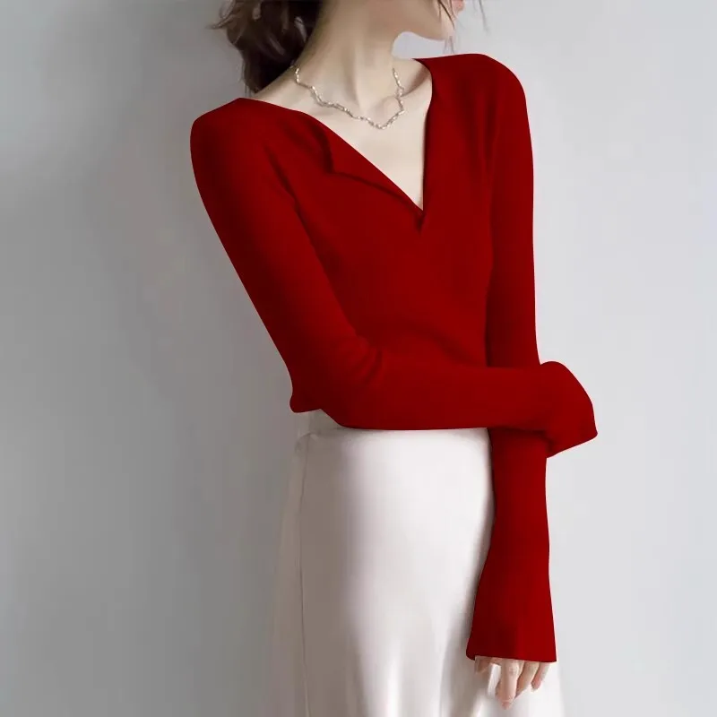 

Red New Year Knitted Base Shirt Women, Autumn Winter New Warm Inner Wear, Desire Style Long Sleeve-S