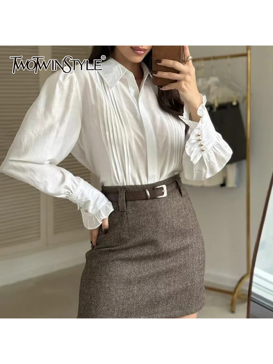 

TWOTWINSTYLE Solid Spliced Folds Fashion Shirts for Women Lapel Long Sleeves Patchwork Buttons Minimalsit Shirt Female Clothing