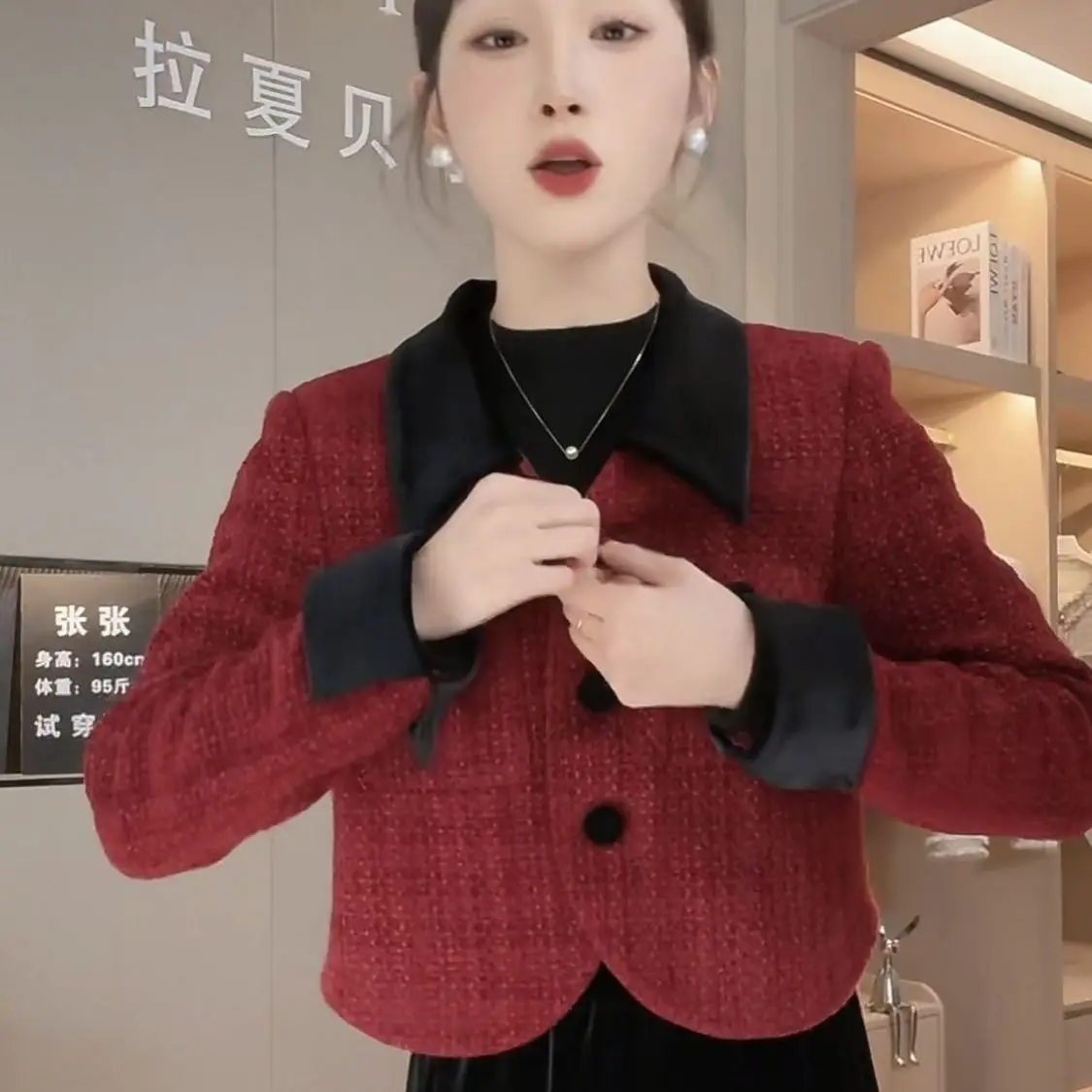 Women Tweed Jackets Round Neck Autumn Office Lady Short Blue Temperament Coat Female Tweed Coats Z484