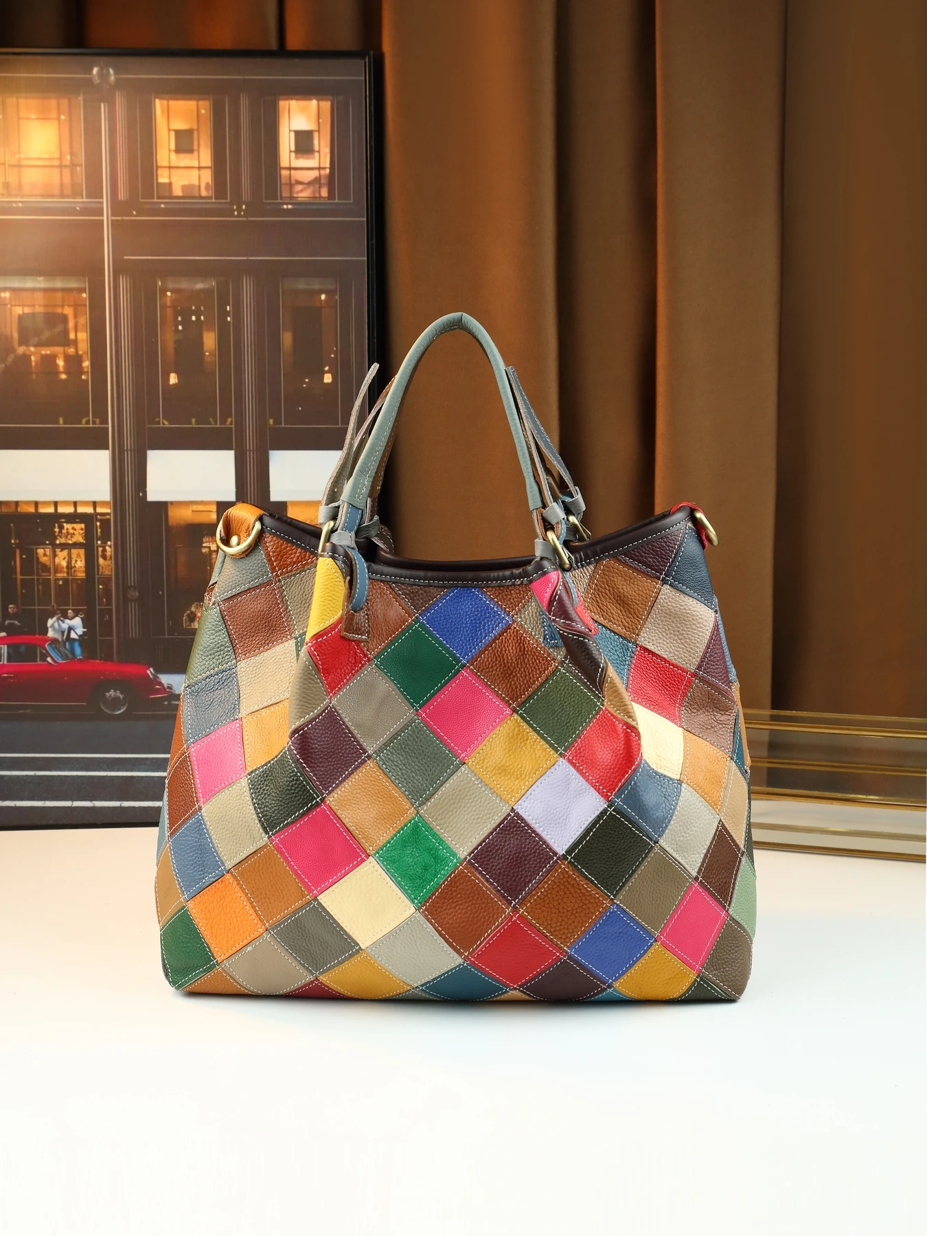 

Symphony geometric block leather contrasting color casual large capacity women's portable large tote bag random color