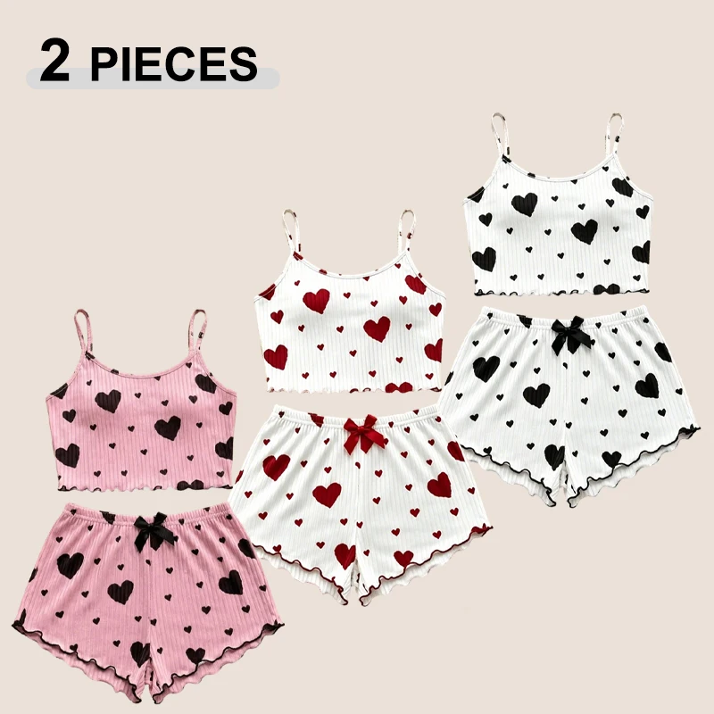 2pcs Women's Comfortable S M L XL Pajama Set Cute Heart Print Shorts Tank Tops Loungewear Summer Ventilate Soft Casual Sleepwear