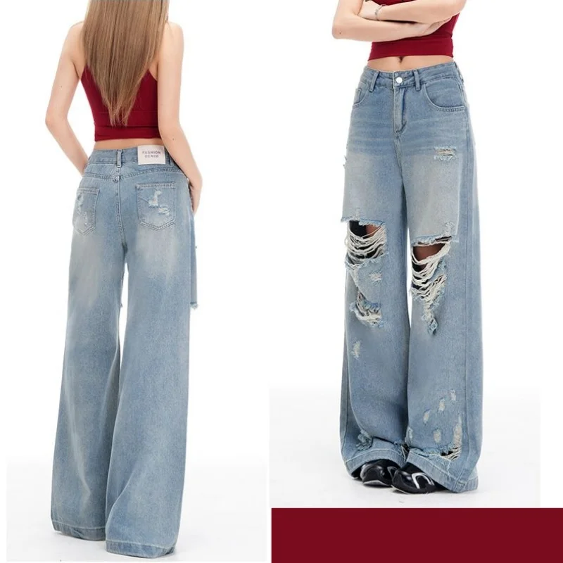 

Summer Ripped Women's Jeans High-Waisted Fashion Commuter Straight-Leg Denim Trouser Korean Retro Wide-Leg Floor-Length Pants