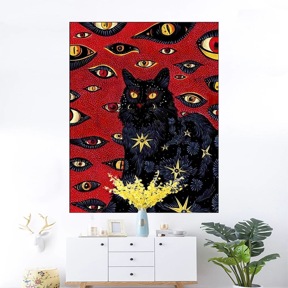 Black Cat Coven Bohemian Carpets  Wall Hanging Printed Witchcraft Hippie Mandala Art Carpet Aesthetic Household Decor