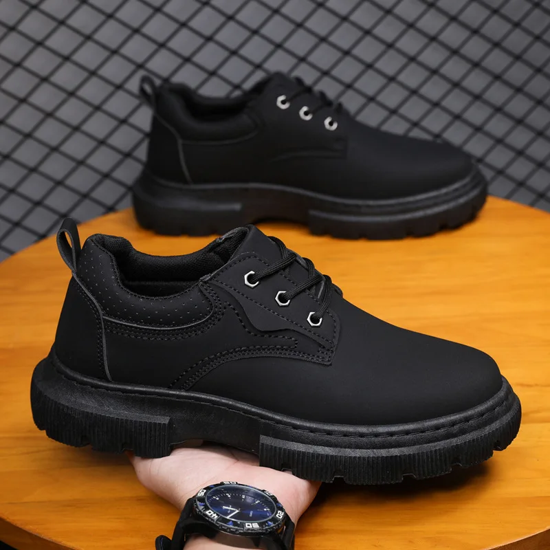 fashion Low-top lace-up boots  thick bottom heightening men's  casual leather shoes outdoor workwear shoes