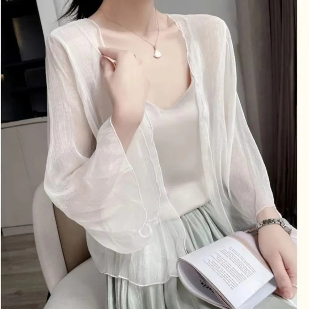 

Casual Crinkle Women Cardigan Loose Transparent Thin Section Top See Through Chiffon Short Shawl Small Jacket