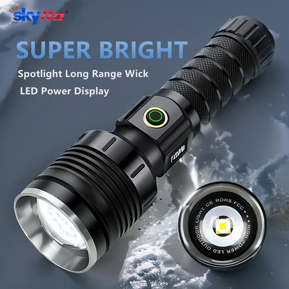 Powerful  Spotlight Long Range LED Flashlight Type-C Rechargeable Telescopic Zoom Focusing Spotlight Lamp Super Bright Tactical
