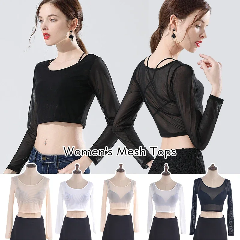 

Women Basic Long Sleeve T-shirts Trendy All-match Perspective Mesh Bottoming Shirts Classic See-through Ballet Dance Crop Tops