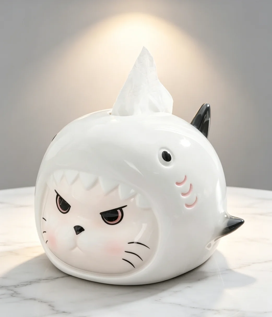 Ceramic Shark Cat Tissue Box Cute Decorative Charming Dispenser Home Display For Living Room Coffee Table Gift For Women Kids
