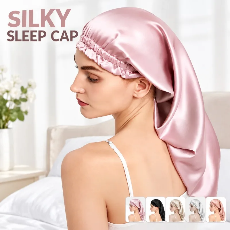 100％シルク（マルベリーシルク）を使用した、女性用ロングテール・スリープキャップ。柔らかいサテン素材で髪を優しく保護し、夜間の使用に最適。長くてカールした髪の毛をまとめて、広がりを防ぎます。