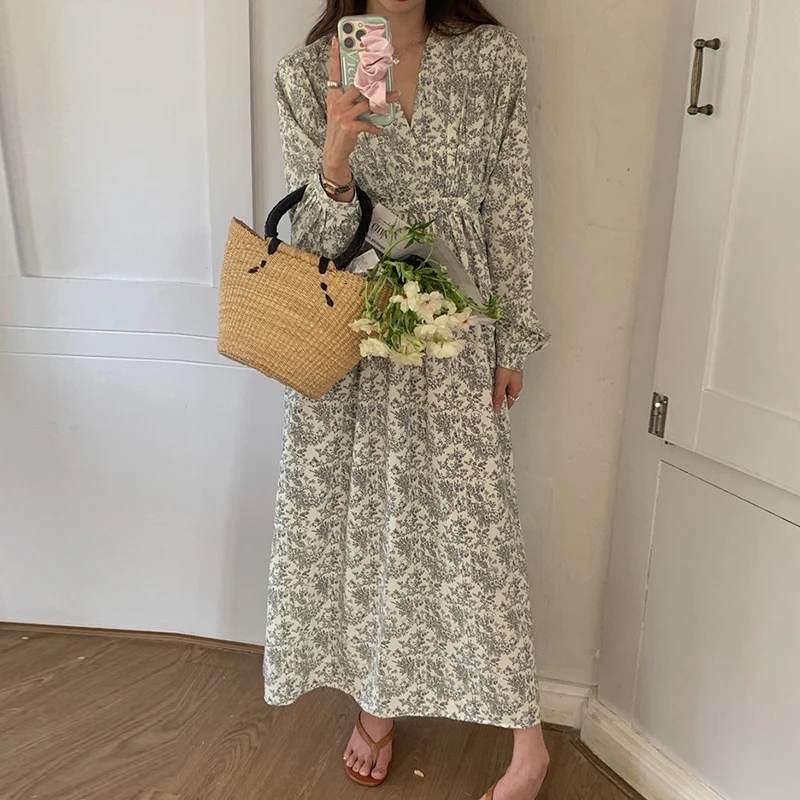 Spring Summer 2024 V Neck Floral Dress for Women Vintage Elegant Lace Up Slim Waist Vetidos Mujer Korean Chic Sweet Loose Robes