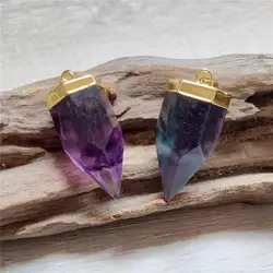 FUWO Natural Rainbow Fluorite Pointed Pendant,Golden Plated Thick Spike Healing Crystal Accessorie For Necklace Making PD326