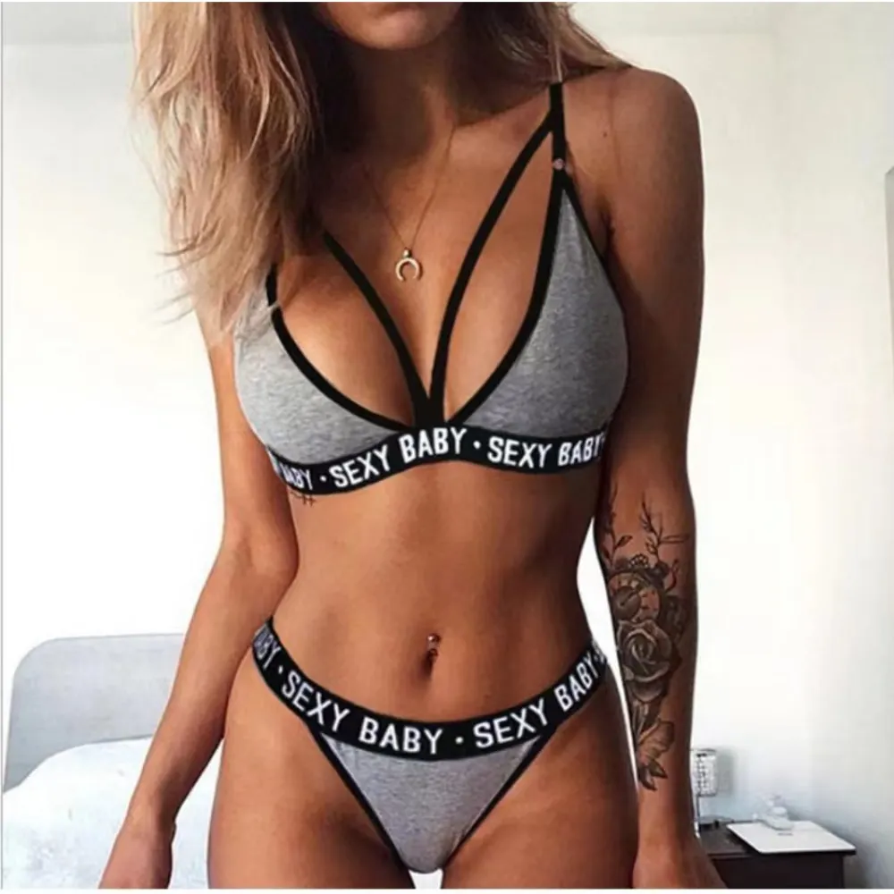 Women\'s Sexy Lingerie Set Letter Erotic Bikini Plus Size Push Up Bra and Thong Sexy Bra Set Micro Bikini Lingerie for Women