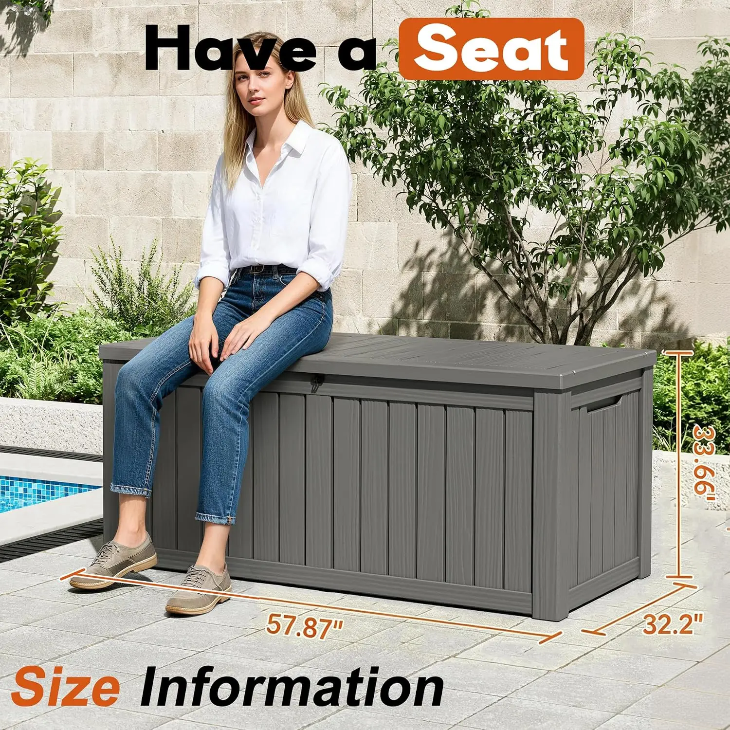 Waterproof Outdoor Storage Box, Resin Patio Organizer,260 Gal,Grey