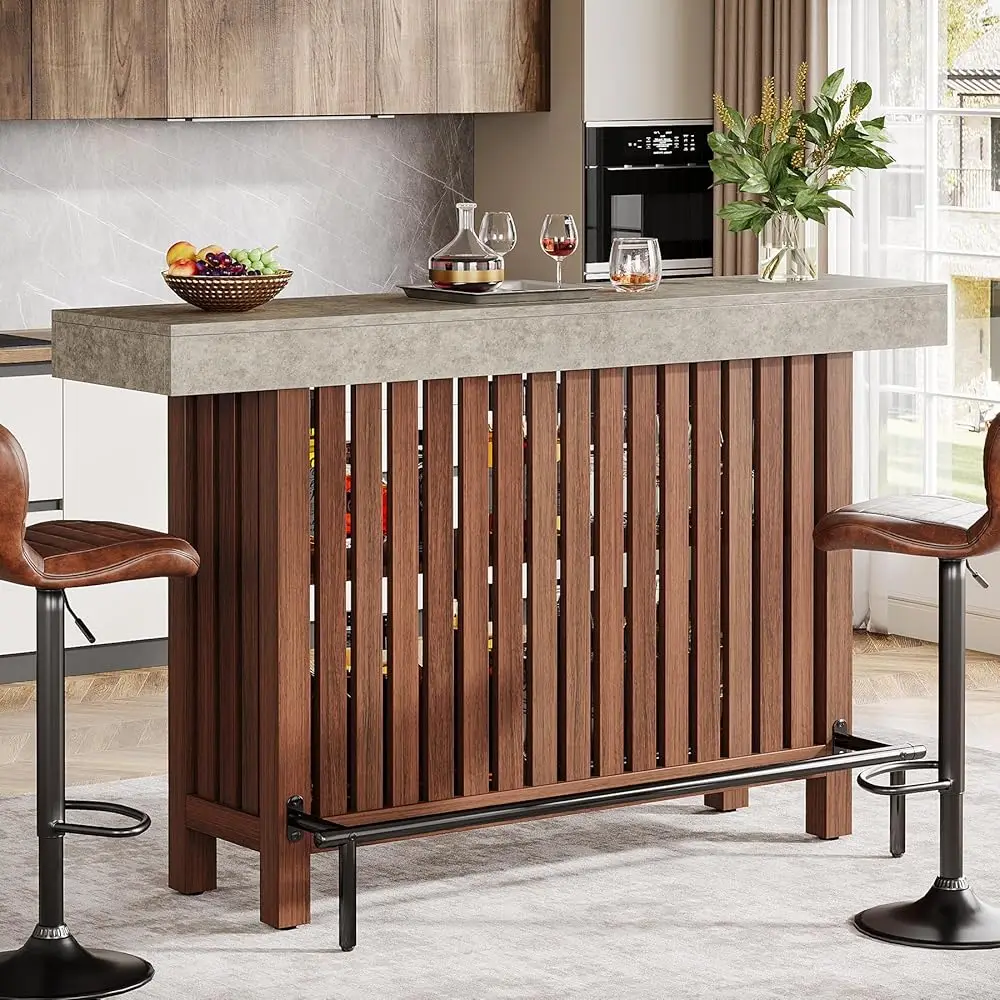 63-Inch Large Home Bar Unit, 2-Tier Mini Bar Table Height Pub Table With Footrest, Modern Coffee Bar Cabinet For Home Kitchen,