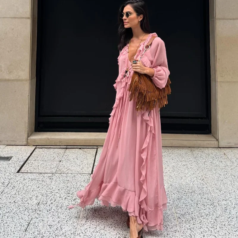 Eleganckie sukienki z pełnym rękawem z wieloma falbankami Szykowne luźne sukienki z dekoltem w szpic z koronki Nowa damska letnia suknia klubowa 2025