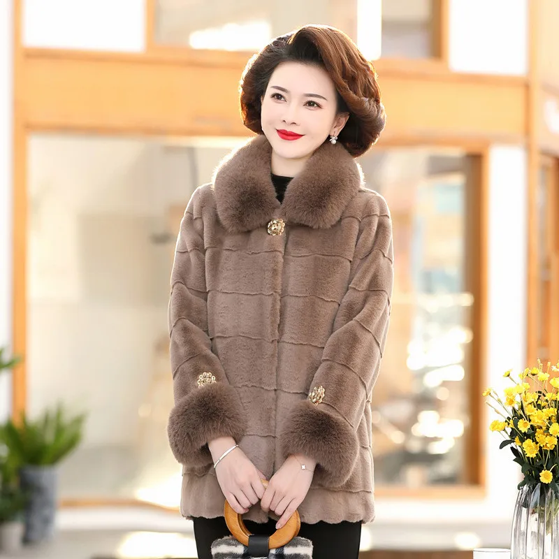 

UHYTGF Quality Mink Fur Coat Women Middle-Aged Elderly Mom Autumn Winter Jacket Female Single Breasted Loose Outwear Ladies 2231