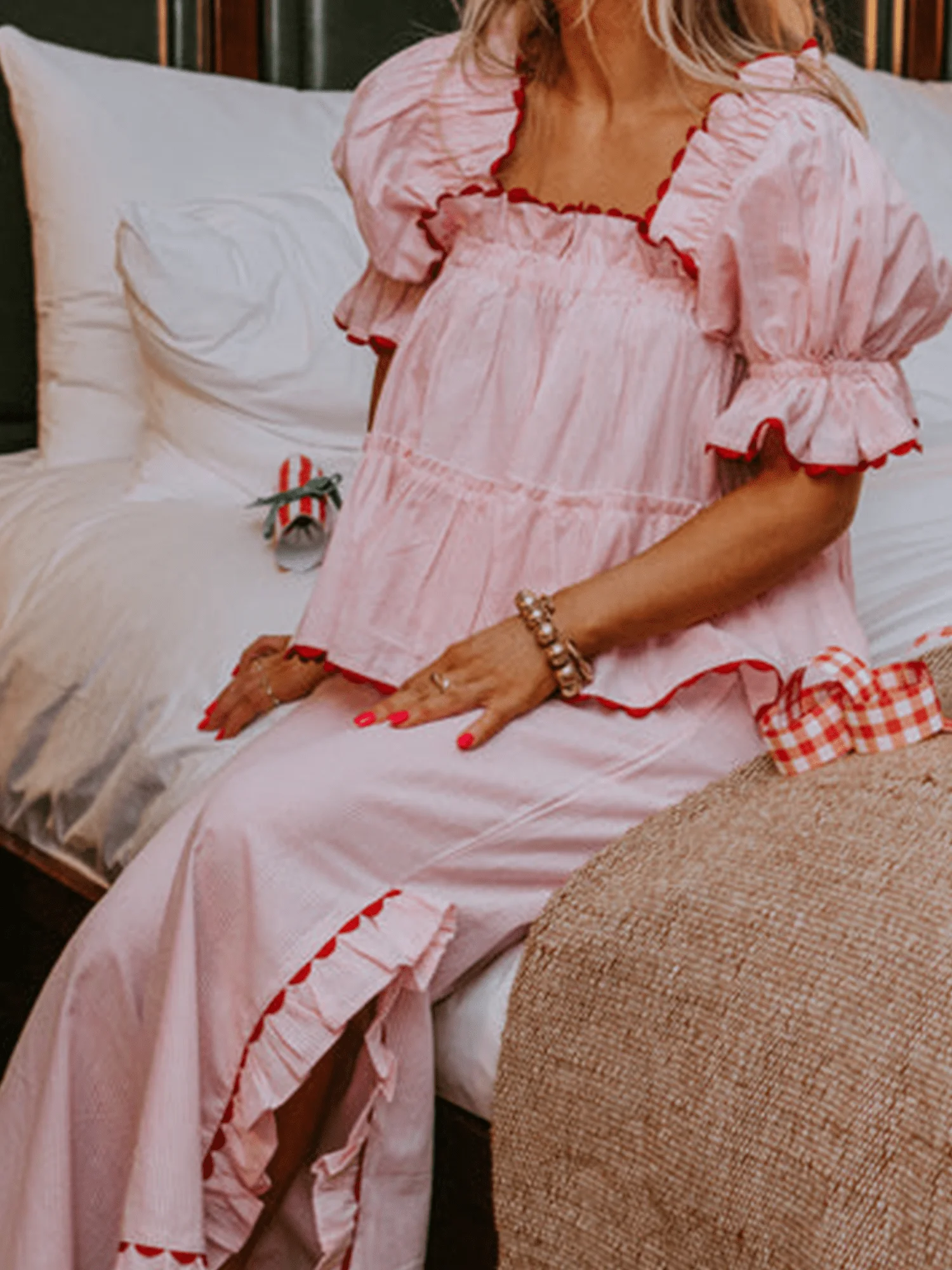 

Women Pink Ruffled Square Neck Pajama Set With Plaid Trim Sleepwear Loungewear