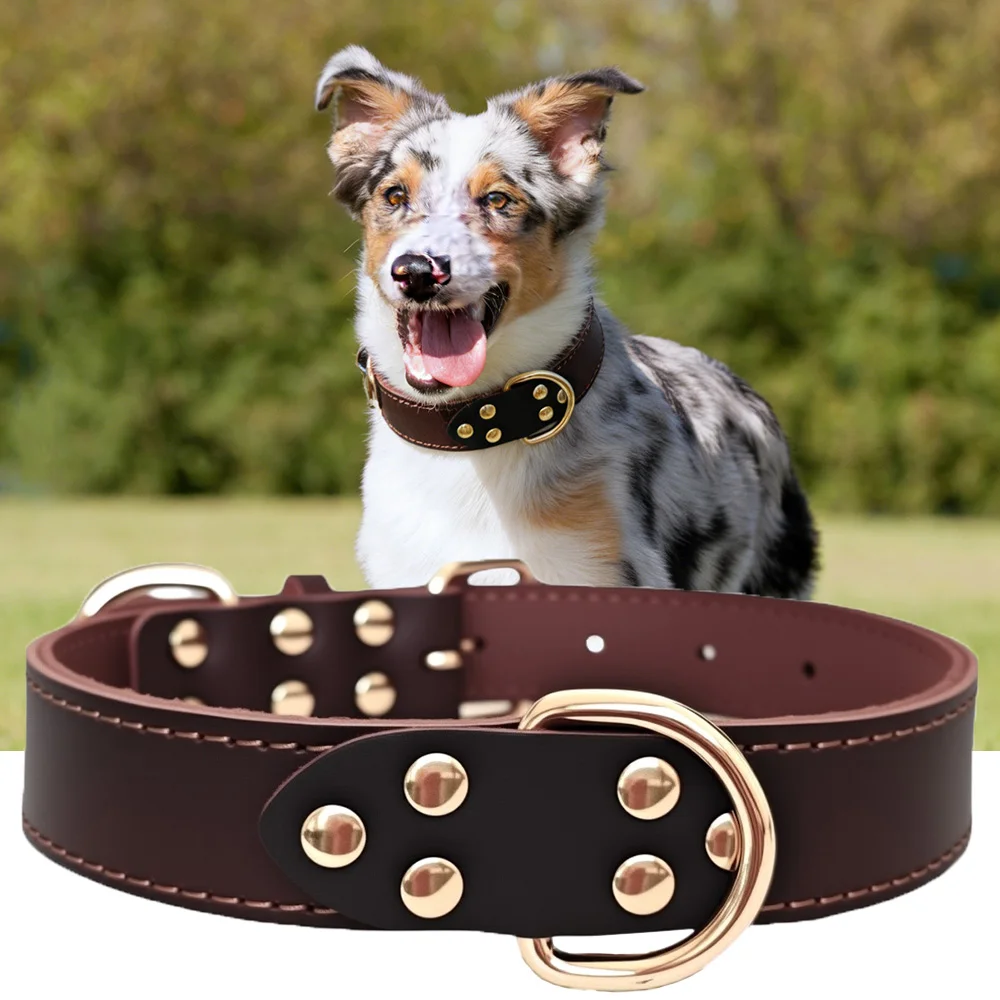 Genuine Top Layer Leather Dog Collar, 3 Sizes For Medium Large Dogs, Handmade Durable Skin-Friendly Outdoor Walking Pet Collar