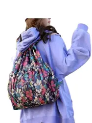 1pcs/lot Fashion Vinatge Drawstring Backpacks Women Large Capacity Flower Ethnic Style Waterproof Nylon Backpack