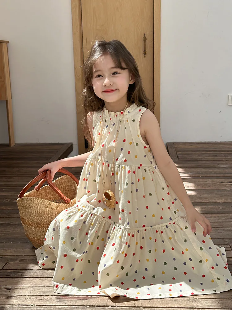 

2024 Summer New Arrival Girls Cotton Sleeveless O Neck Dot Multi Infantil Menina Cute Party Dress Custume 18M-7T