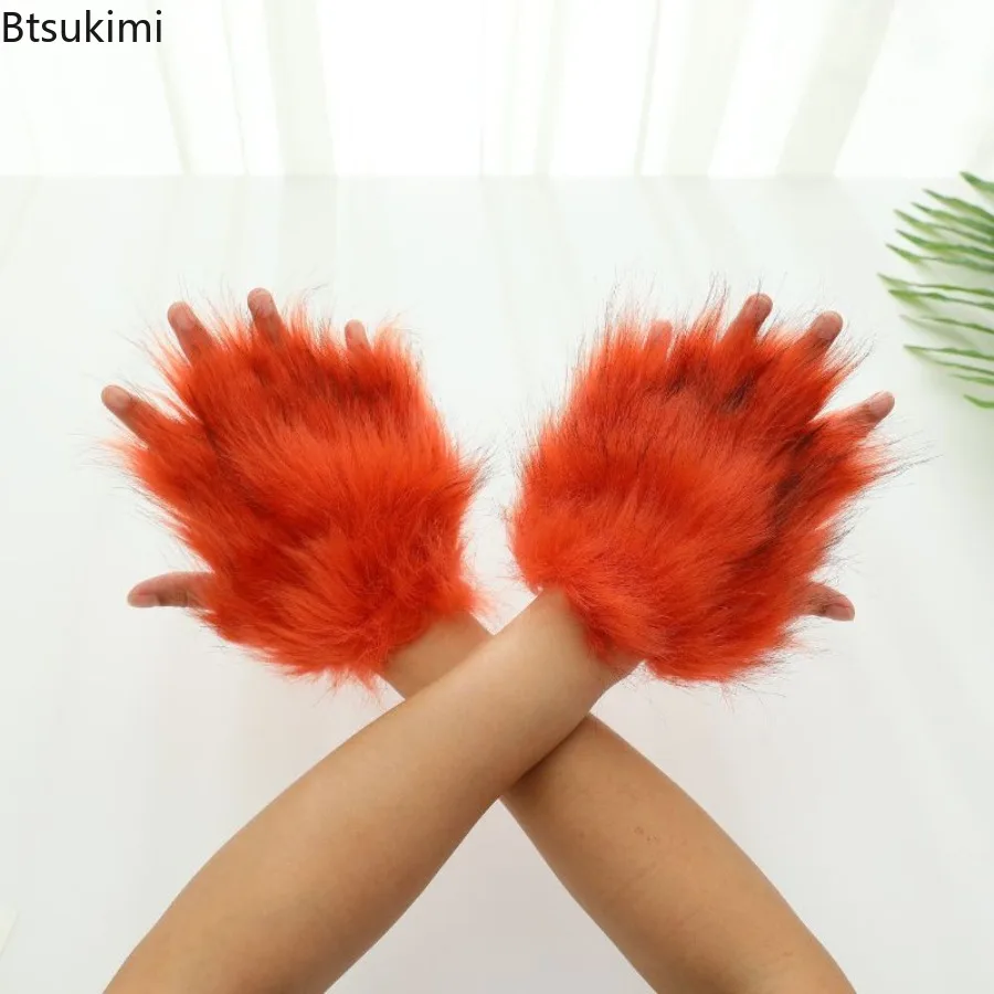 

Furry Plush Fox Paw Gloves Faux Fur Fingerless Mittens Winter Warm Anime Cosplay Props Halloween Fancy Party Costume Accessories
