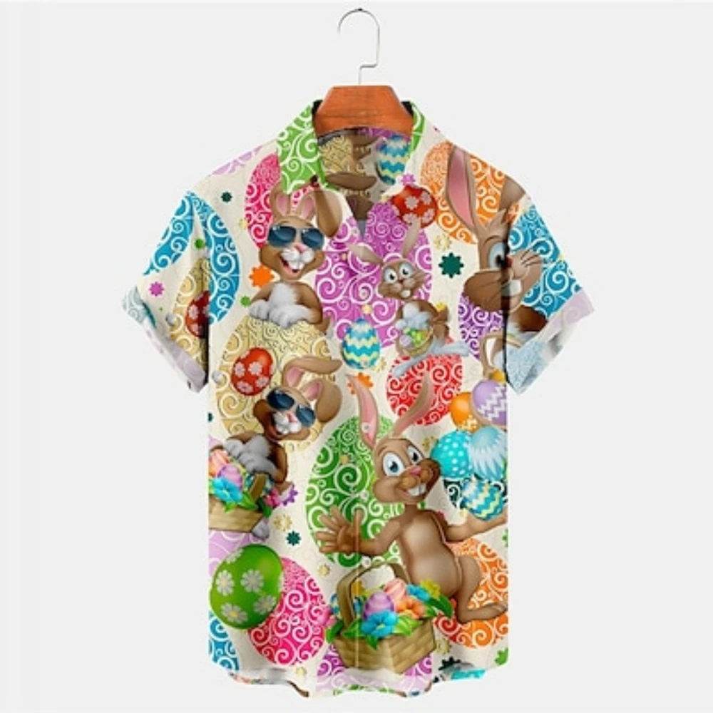 

Men's Shirt Summer Hawaiian Shirts Rabbit Egg Happy Easter Turndown Outdoor Street Short Sleeves Button-Down Print Clothing