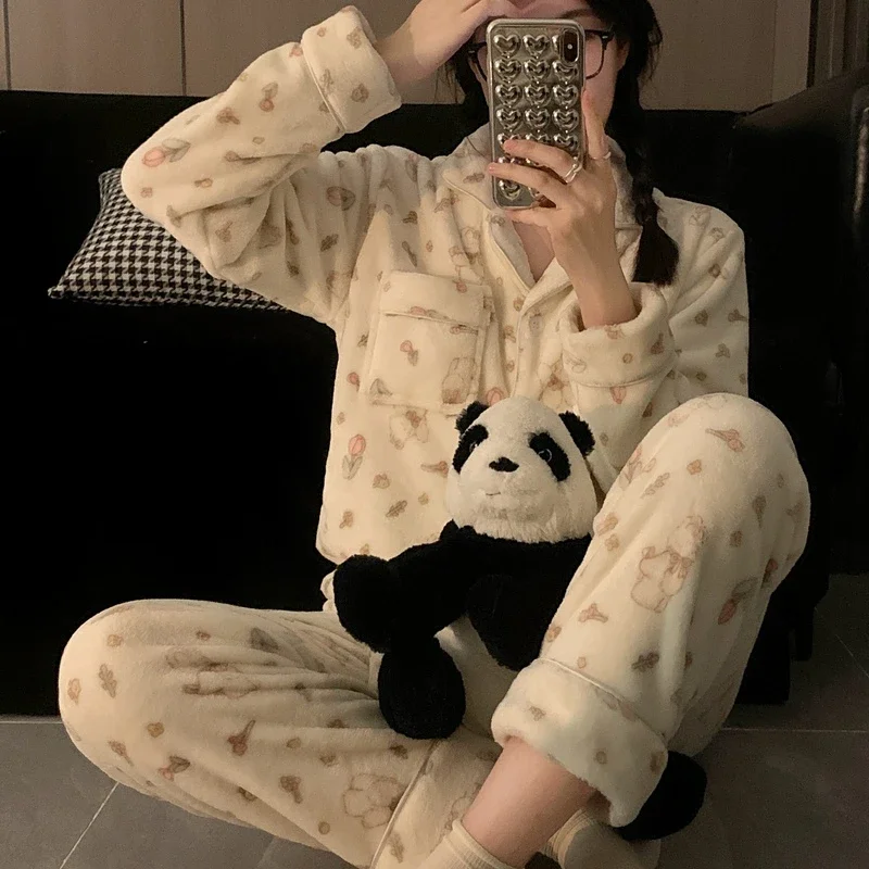 Plus Size New Winter Women\'s Flannel Pajama Suit Coral Velvet Pajamas Long Nightgown Household Suit Plush Thicken Korean Fashion