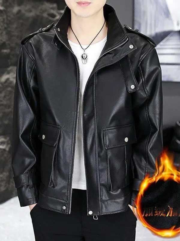 

Men's Fce Lined Thiened Leather Jaet Autumn Winter Faion Brand Windproof Workwear Biker Sle Long Zipper Coat