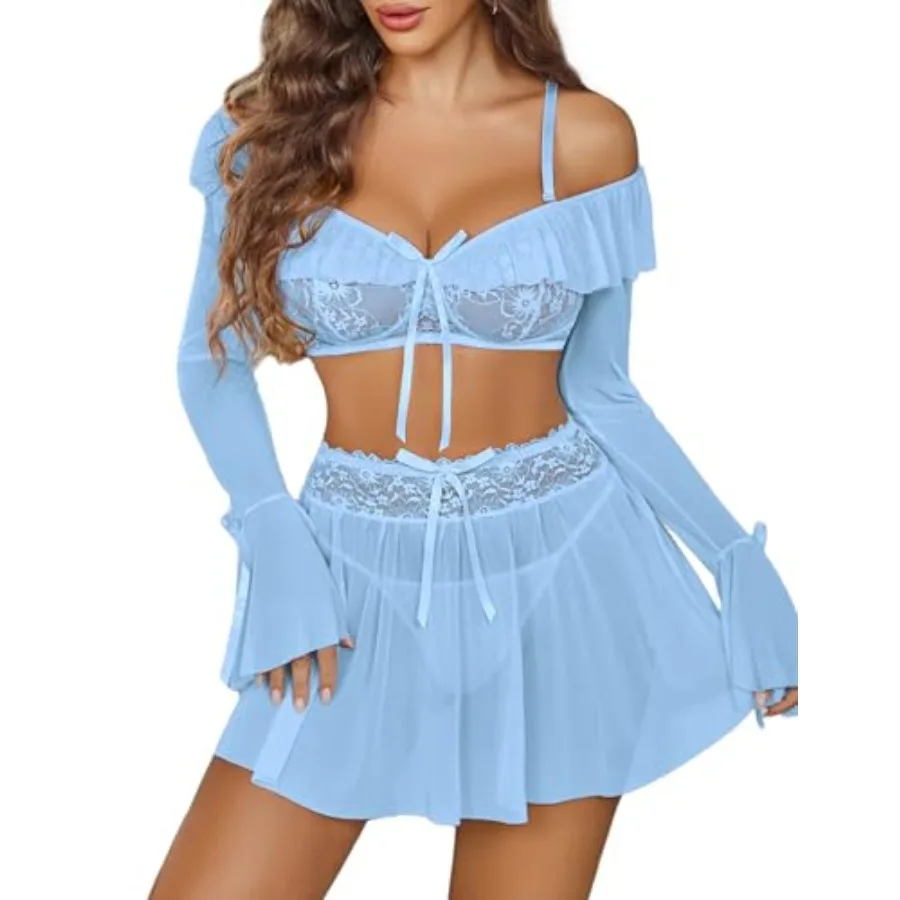 

Avidlove Women's Sexy Lingerie Set Sheer Mesh Off Shoulder Bra Panty Ruffle Skirts 3 Pcs Sets