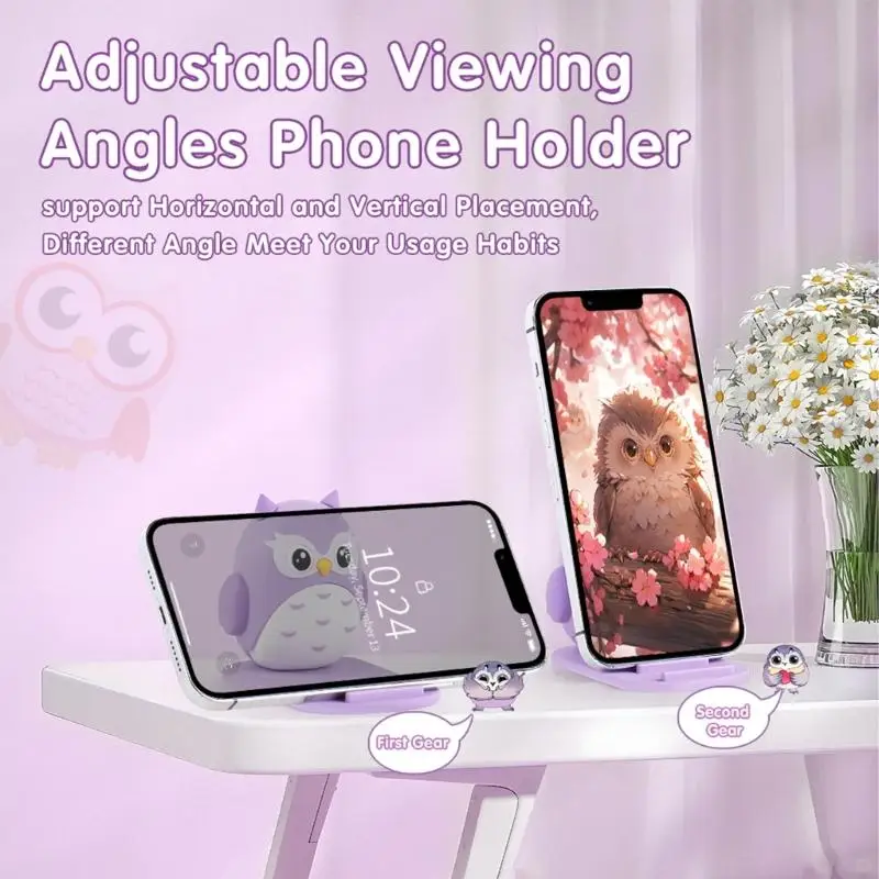 Y4QF Faltbarer Telefonhalter Rack mit niedlicher Eule, der einstellbares Stand für Schreibtisch -Reisebüro entwirft. Sie und