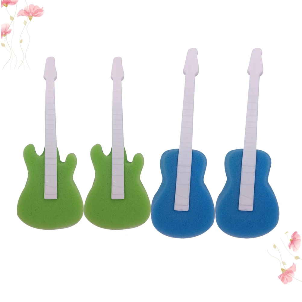

4pcs Long Handle Cup Guitar Shaped Multi-Purpose Cleaning Sponge Bottles Bowls Pans Dishes Reusable Washable Durable