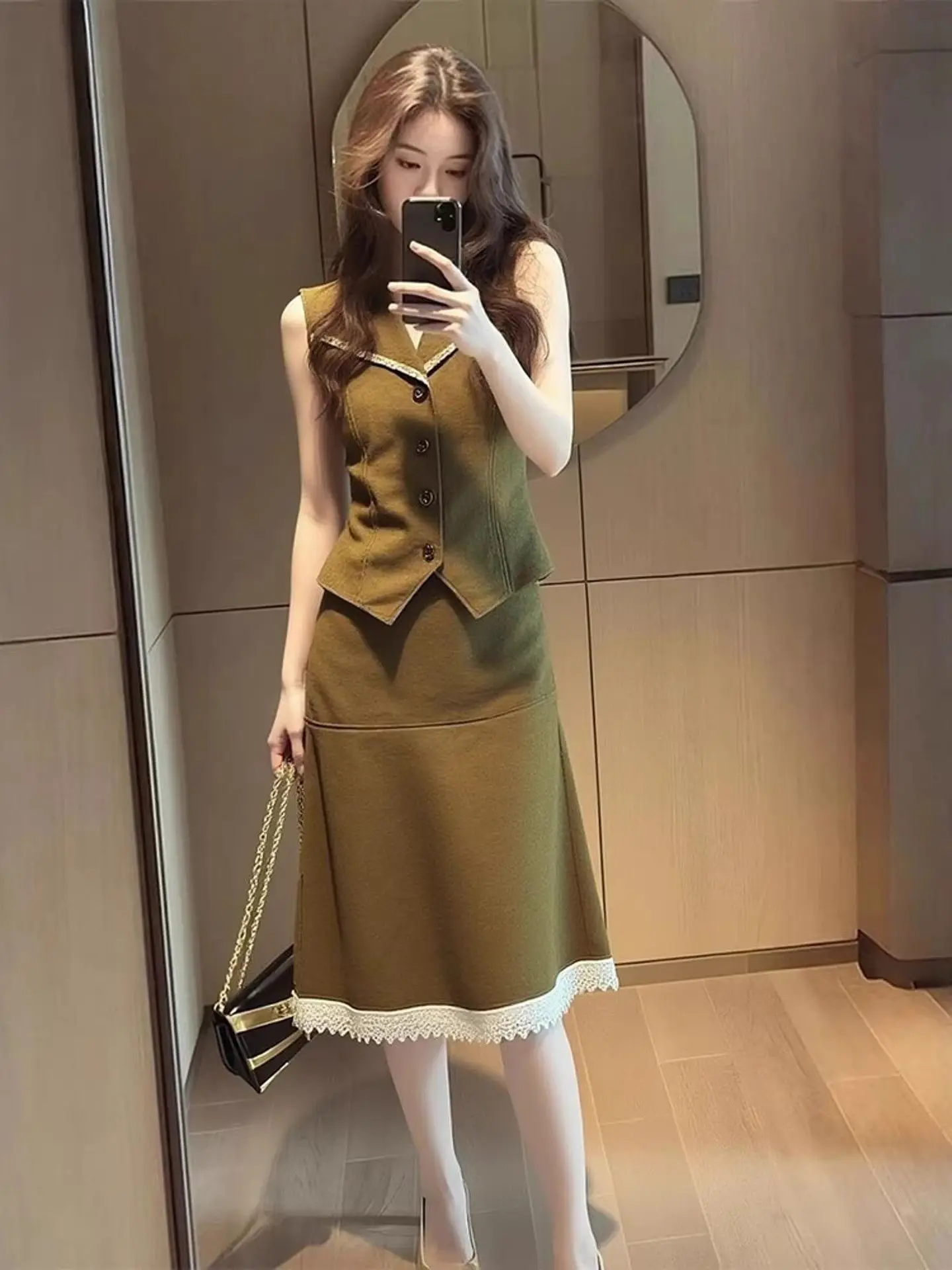 New High End Office Lady Summer Women's Suit Fashion Lapel Sleeveless Vest Top + Contast Color A-line Skirt Womens Matching Sets