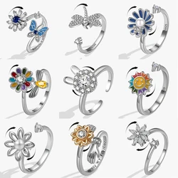 Anti Anxiety Relaxing Luxury Woman Ring Mini Animal Butterfly Flower Copper With Crystal Pearl Rotating Fidget Spinner Rings