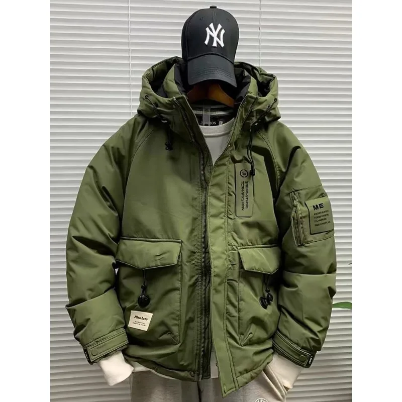 Men's Workwear Fashion Hooded White Down Jacket Winter Thickened Warm Casual Loose Over Jacket Fashion Personality Cool