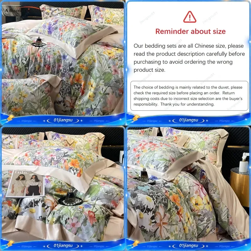 Floral Print 600TC Egyptian Cotton Bedding Set Queen King Soft Duvet Cover Flat Fitted Sheet Pillowcases Luxury Home Textile