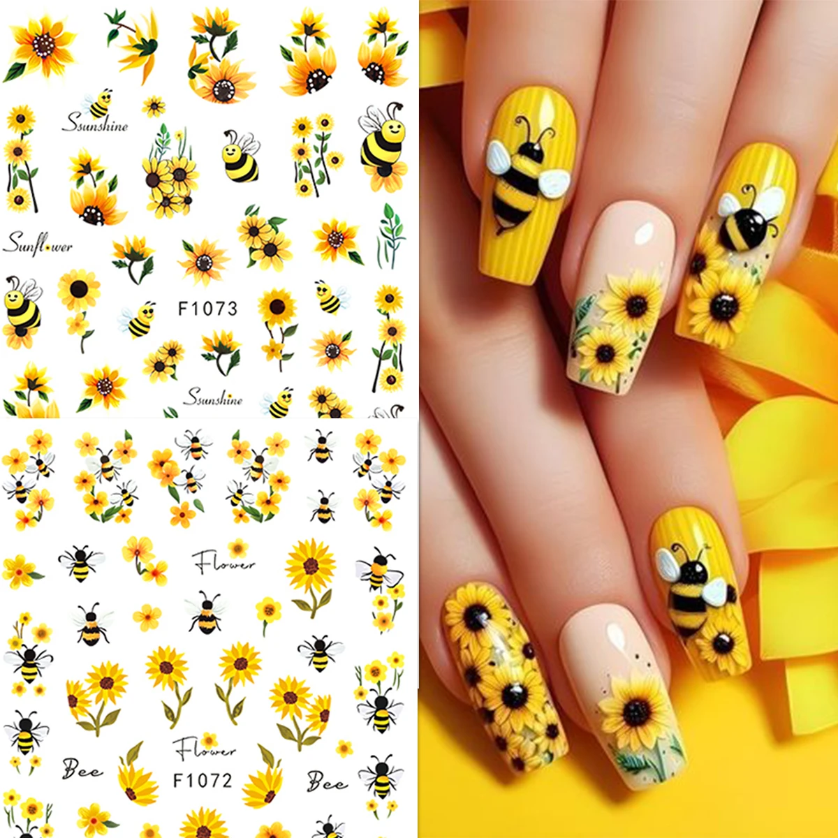 2 Spring and summer bee sunflower nail stickers, easy to apply for nail decoration DIY, gifts, party and wedding makeup styling
