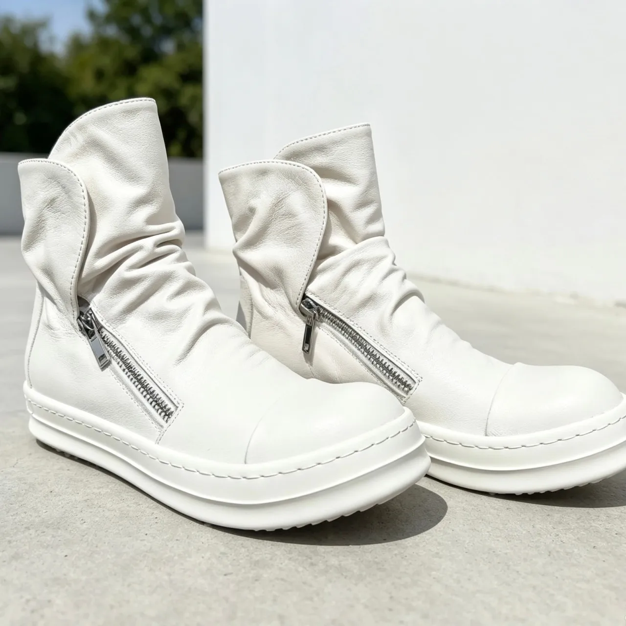 Men's High Top Casual Shoes Luxury Zipper Pleated Design White Leather Handmade Ankle Boots -  Street Style for Men And Women