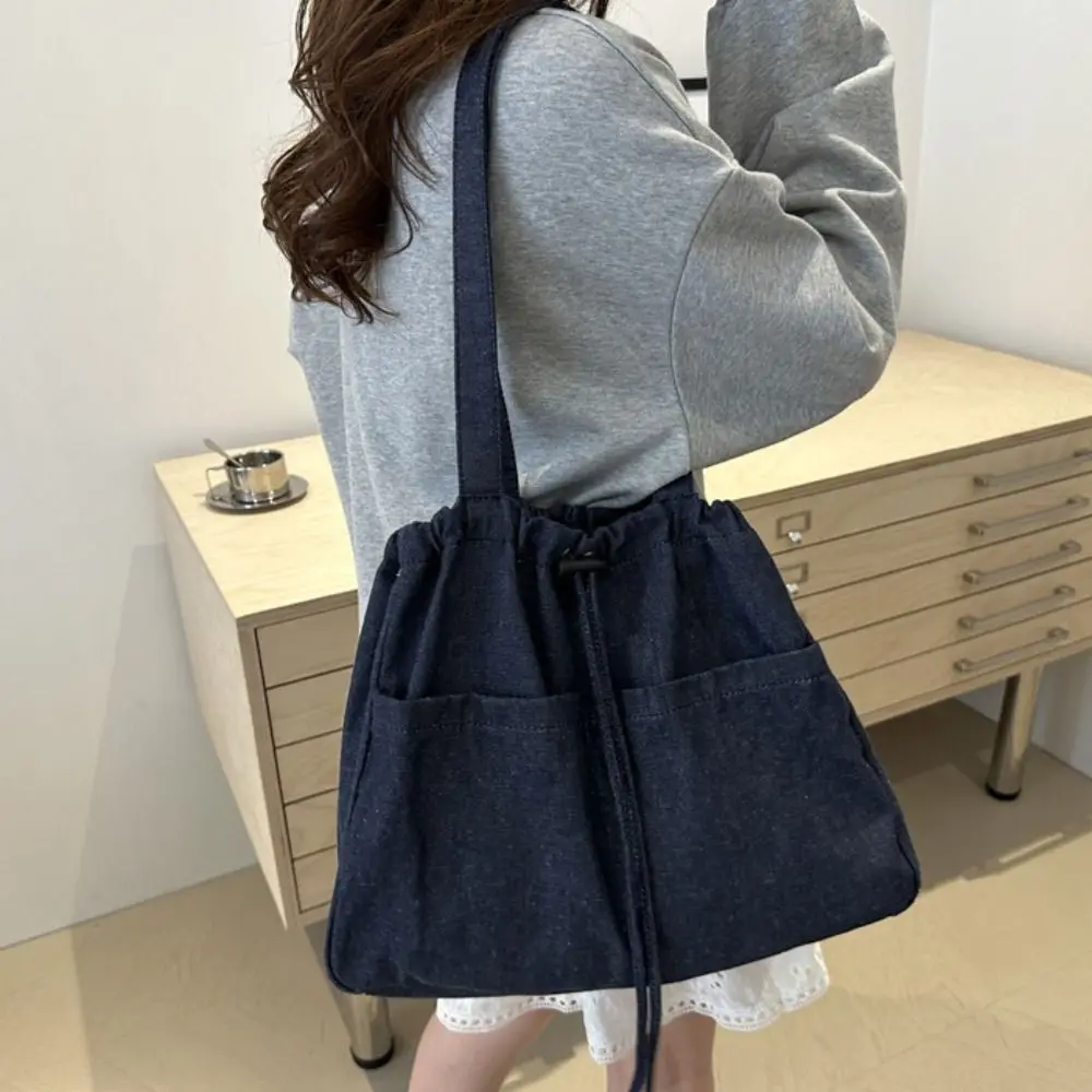 Vintage Large Capacity Oxford Drawstring Shoulder Bag Leisure Casual Denim Tote Bag Cowboy All-match Canvas Bucket Bag Students