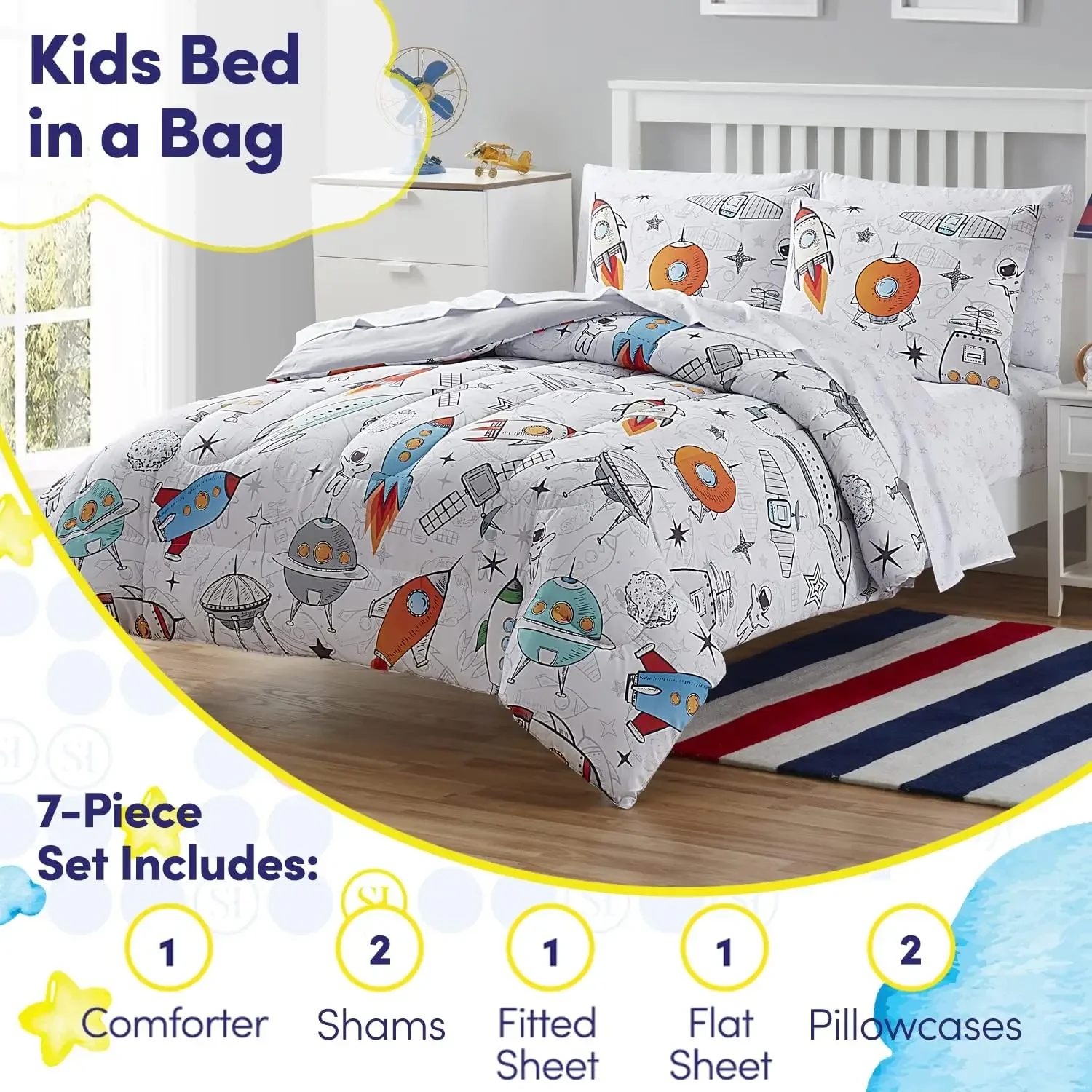 Kids Bedding Set Bed in a Bag for Boys and Girls Toddlers Printed Sheet Set and Comforter, Full, Floating in Space (Pack of 4)