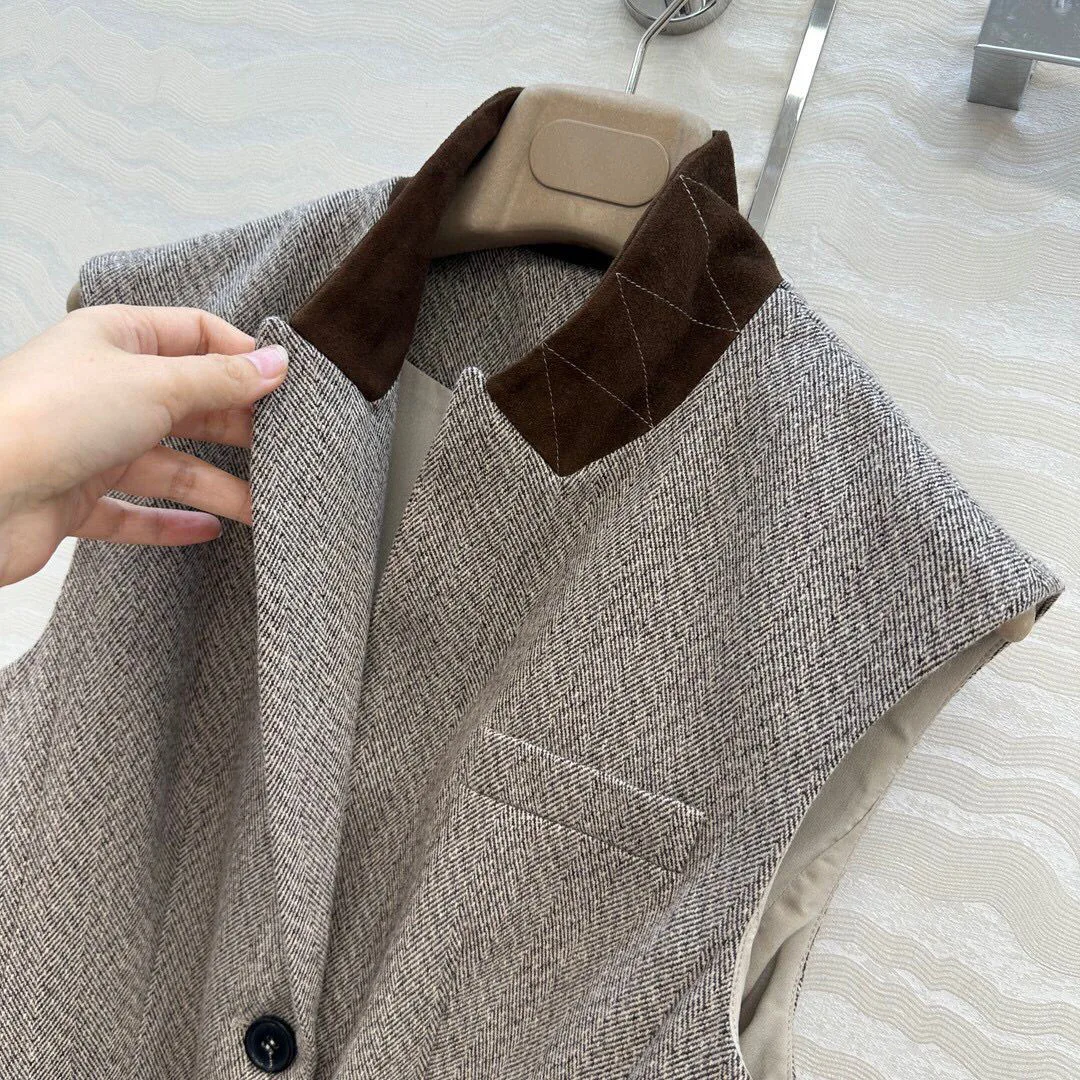 Old Money Style Office Lady Wool Blends Blazer Vest Women Suede Sheepskin Leather Notched Sleeveless Elegant Retro Tank Jacket