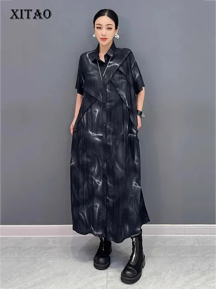 

XITAO Patchwork Print Single Breasted Lapel Dress Casual Loose Fitting Short Sleeve New Leisure Summer Female Dress GMM1317