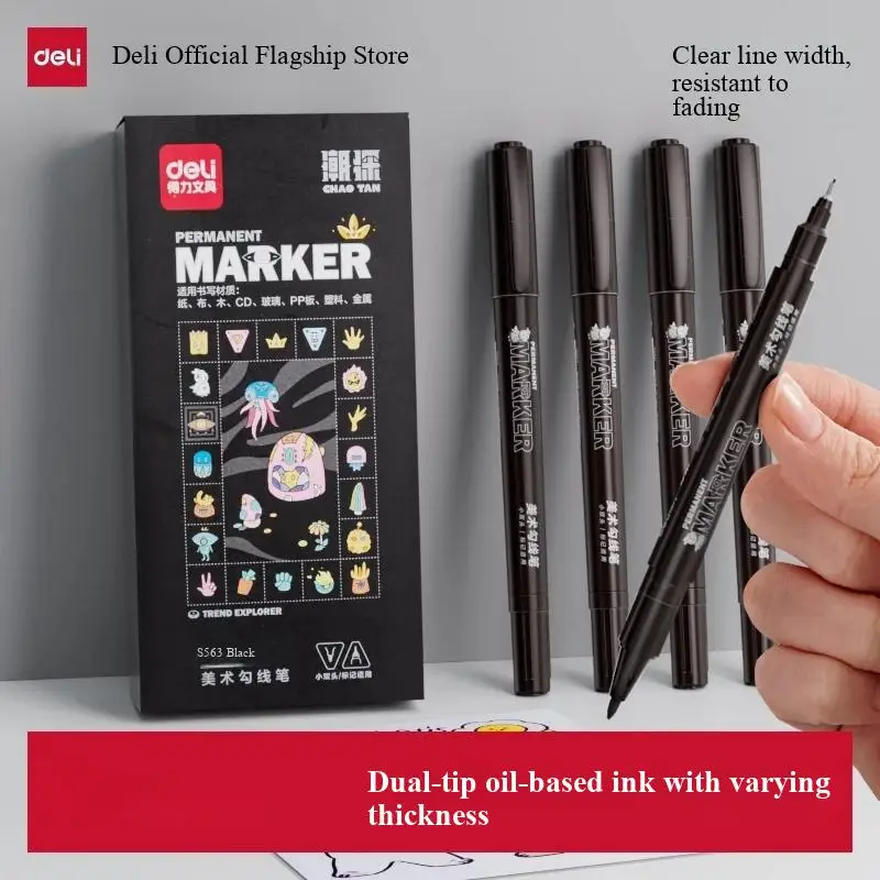 Deli S563 Dual-Tip Art Liner Pen Fine Drawing Marker Pen Set Black & 10 Colors Double-Sided Permanent Markers for Artists