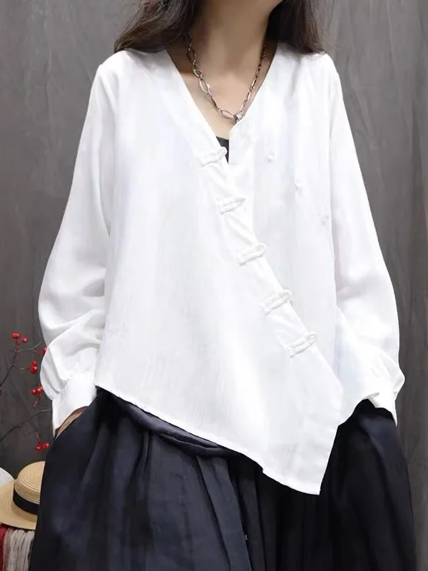 جديد الصينية Sle فضفاض عارضة القطن الكتان irt المرأة طويلة Sve زر حتى الخامس Ne أعلى تنفس ملابس الخريف مريحة #4